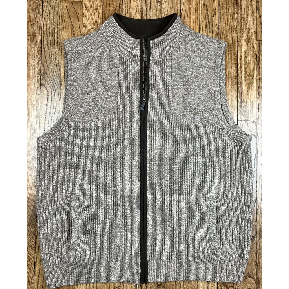 LL Bean Cable Knit Wool Heavy Full Zip Mock Vest Sweater Brown Men's Sz XL